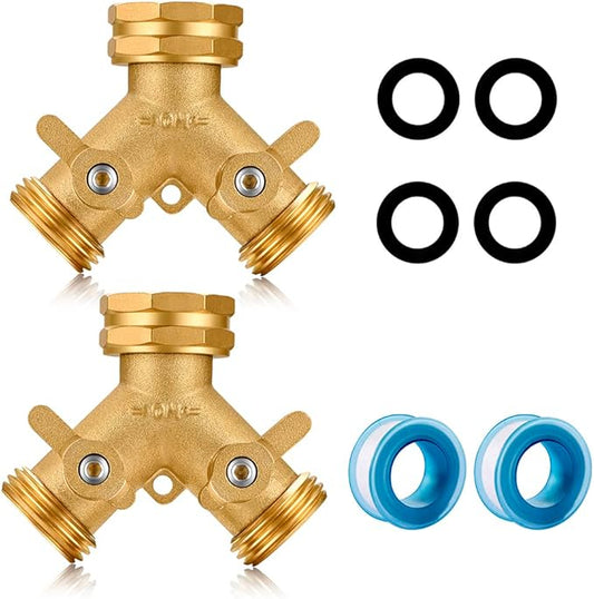 Garden Hose Splitter,2 Way Connector Heavy Duty Brass, Garden Faucet,Splitter for Outdoor Faucet, Hose y Splitter, Hose Bib Splitter, Adapter with Comfortable Grip Shut Off Valves 2Pcs