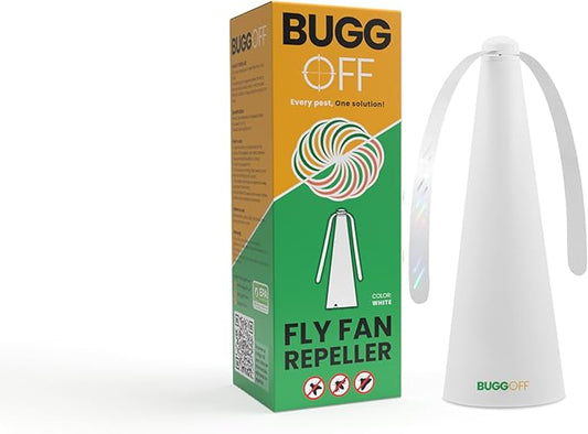 BUGGOFF White Fly & Flying Insect Repellent Fan with Twin Blades, Table top & Hangable, Battery Powered, USB C Chargable with Cable Included. Safe Blades with Auto Stop. (4 Pack)