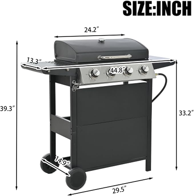 BBQ Grill, 4-Burner Stainless Steel BBQ Grill, 34,000 BTU with Shelves, Lid, Wheels, & Bottle Opener – Portable Outdoor Patio Grill for Backyard & Garden