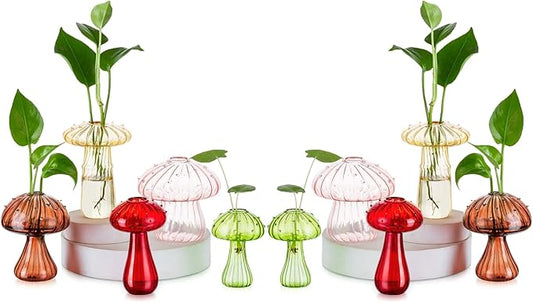 Mushroom Jars for Plants, Hewory 10pcs Colored Glass Mushroom Bud Vase for Flower, Unique Plant Propagation Stations Propagating Vases Decor, Mini Cute Hydroponic Terrarium Planter for Indoor Planters