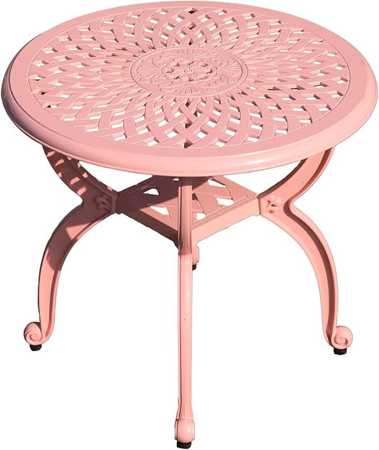 Cast Aluminum Outdoor Side Table,Small Patio Table,Outdoor Coffee Tables for Patio,Garden,Balcony, for All Weather(Pink, Round)