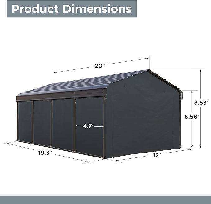 GREEN PARTY 12 x 20 ft Metal Carport Kits with Galvanized Steel Roof & Removable Sidewalls, Heavy Duty Metal Carport Canopy, Outdoor Car Tent Metal Garage Shelter for Car, SUV, Truck and Boats, Grey