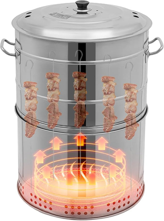 Large Portable Charcoal Grills, Stainless Charcoal BBQ Grill Barrel 360° Smokeless Outdoor with 50 Skewers, Boiling Pot Barbecue Smoker Grill for Travel, Outdoor Cooking and BBQ