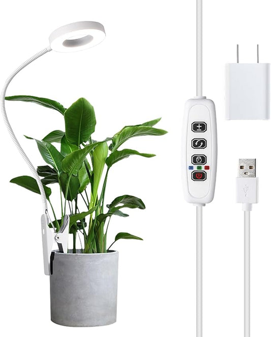 Halo Ring Grow Lights Pot Clip for Small Indoor Plants, 48LEDs Full Spectrum Plant Light with 360 Degree Gooseneck, 10 Dimmable, 3/9/12H Timer, 3000K+6000K, 2.54 Inch Angel Ring 1 Pack (White)