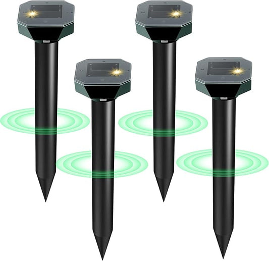 Snake & Mole & Rabbit & Skunk Repellent Solar Powered, 2025 Upgraded Ultrasonic Deterrent, IP65 Waterproof, Gopher Groundhog Chipmunk Raccoon and Vole Repellent & Deterrent for Lawn & Garden, 4 Pack