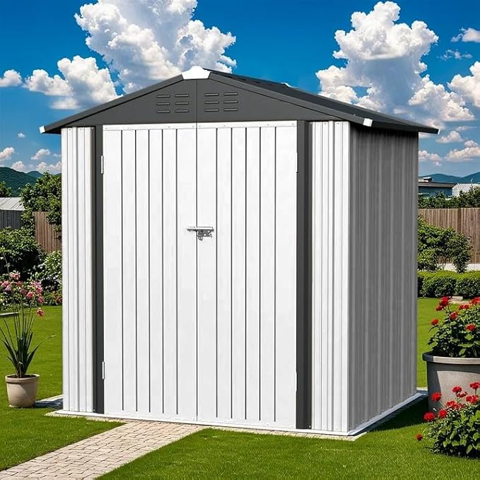 Greesum 6x4FT Outdoor Storage Shed, Metal Storaged Sheds with Lockable Doors, Sheds & Outdoor Storage for Bike, Backyard, Pool and Garden, White