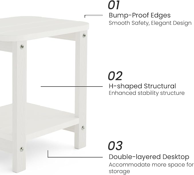 2-Tier Outdoor Side Table, 16" Adirondack Small Side Table All Weather Resistant, Patio End for Outside or Indoor, Patio, Yard, Pool, Porch, Garden, White