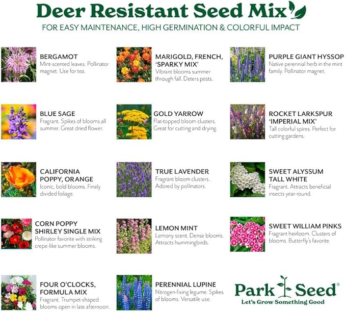 Park Seed Grow Your Own Vibrant Annual and Perennial Wildflower Garden Seed Mixture, Easy to Grow Varieties for Pollinators and Spring Gardens - Deer Resistant Mix, 25 lbs