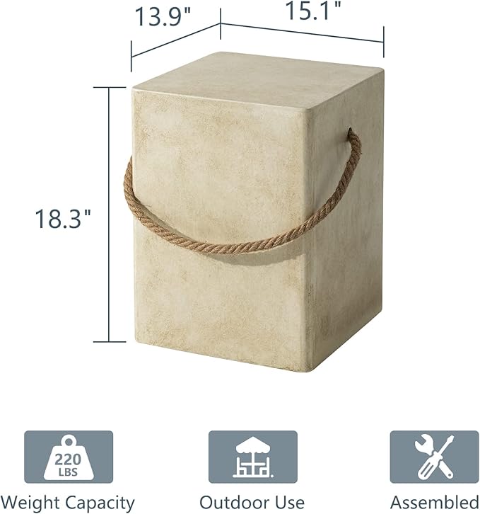 COSIEST Rectangular Concrete Side Table,15'' Outdoor Side Table w Hemp Rope Handles,Patio Side Tables Accent End Coffe Table for Garden and Patio, Beige