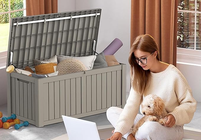 Mars Villa Deck Box, Waterproof and Weatherproof Large Resin Storage Bin with Lockable Lid, Ideal for, Outdoor, Patio Furniture Cushions, Pool Supplies, Garden Tools (119 Gallon, Grey)