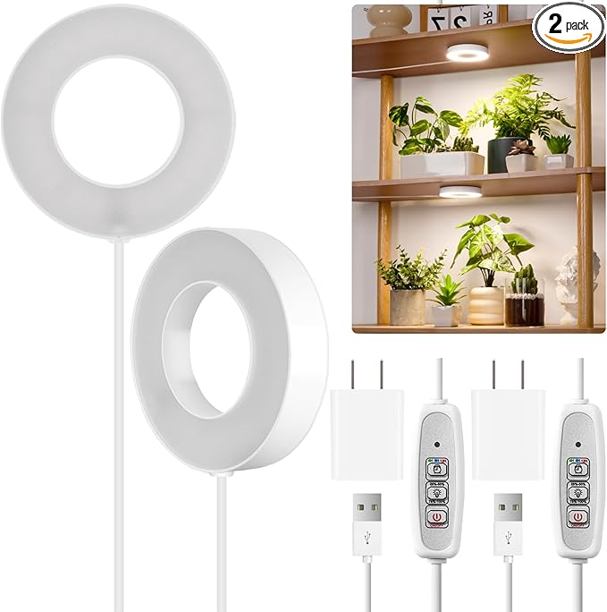 LORDEM Grow Light for Indoor Plants, 48 LEDs Ceiling Full Spectrum Plant Light, 5V Corded Growing Lamp with 4/8/12H Auto Switch, 4 Dimmable Brightness Levels, Single-Head, 2 Pack