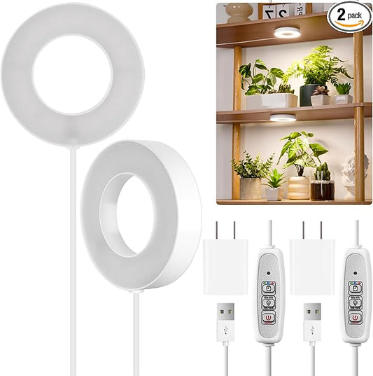 LORDEM Grow Light for Indoor Plants, 48 LEDs Ceiling Full Spectrum Plant Light, 5V Corded Growing Lamp with 4/8/12H Auto Switch, 4 Dimmable Brightness Levels, Single-Head, 2 Pack