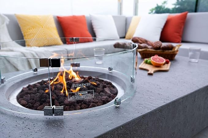Elementi | Bundle Metropolis Gas Fire Pit Cast Concrete 56" Rectangular Fire Table, Outdoor Fire Pit Electronic Ignition | Canvas Cover, Lava Rock Included | Light Gray (Propane Gas)