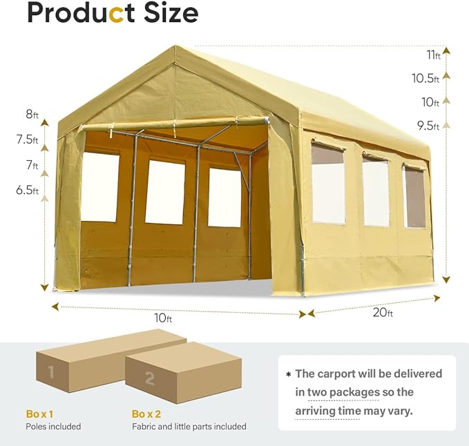 ADVANCE OUTDOOR 10x20 ft Adjustable Height Carport with Removable Window Sidewalls and Doors, Heavy Duty Car Canopy Garage Party Tent Boat Shelter with Reinforced Poles, Beige