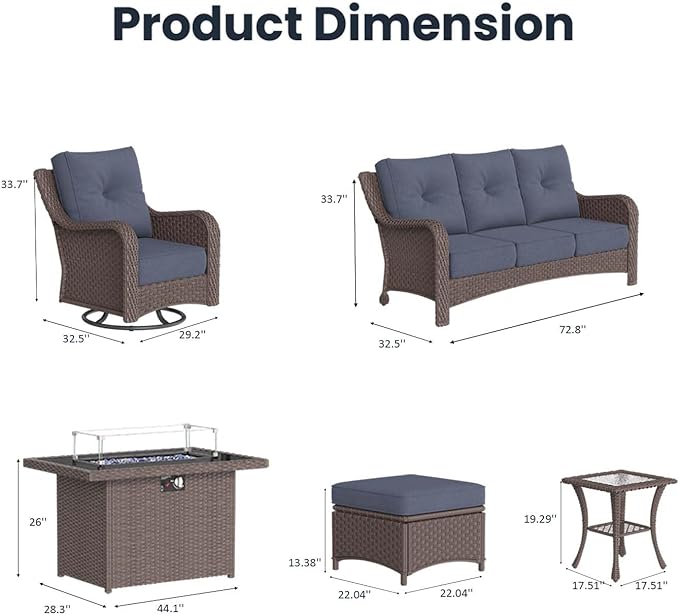 10 Pieces Outdoor Patio Furniture Sets with Rocking Swivel Chairs with 6-inch Thick Cushion and Fire Pit Table for Deck Lawn