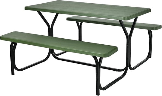 Moccha Picnic Table Bench Set - Portable Plastic Picnic Table w/Steel Frame & Wood-Like Texture, All Weather Heavy Duty Picnic Table Kit, Picnic Tables for Outdoors Garden Patio Party Dining (Green)