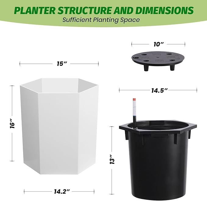 Hexagon Flower Pot, Self-Watering Planter with Water Level Monitoring, Bottom Wheels and Water Outlet, Outdoor & Intdoor Planter Box for Garden, Patio, Balcony, Lounge, White
