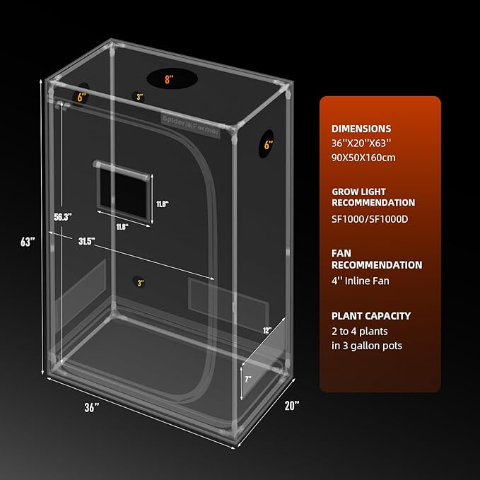 Spider Farmer 3x2 Grow Tent Pro-Grade, 36"x20"x63", with Observation Window and Floor Tray, 1680D Thicken Mylar Canvas for Indoor Hydroponic Growing for SF1000, SE1500, G1500