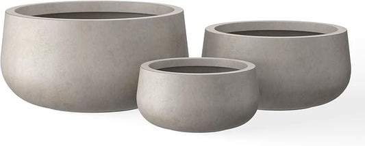 Kante 19.6",15.7",11.8" Dia Round Concrete Planters Set of 3, Outdoor Indoor Garden Plant Pots with Drainage Hole and Rubber Plug, Modern Curvaceous Design, Weathered Concrete
