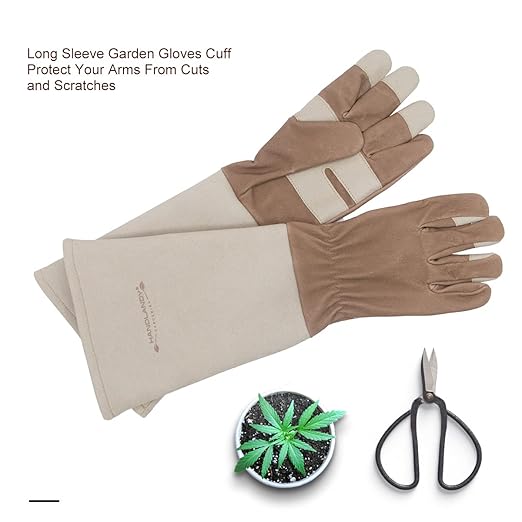 HLDD HANDLANDY Leather Gardening Gloves for Women & Men, Long Sleeve Rose Pruning, Thorn Proof Garden Work Gauntlet, Animal Handling (Large, Light Brown)