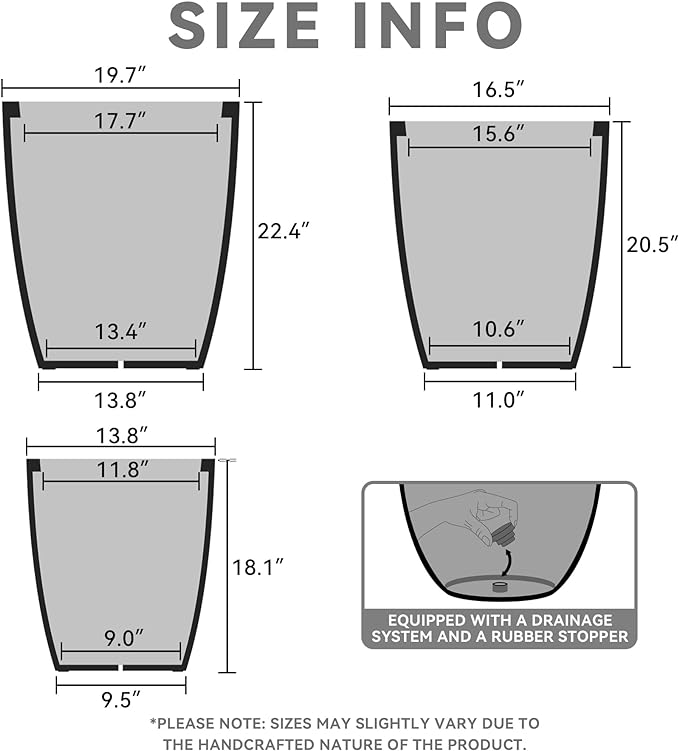 Kante 18.1",20.5",22.4" H Tall Round Concrete Planters Set of 3, Outdoor Indoor Modern Decorative Plant Pots with Drainage Hole & Rubber Plug for Home & Garden Natural Concrete