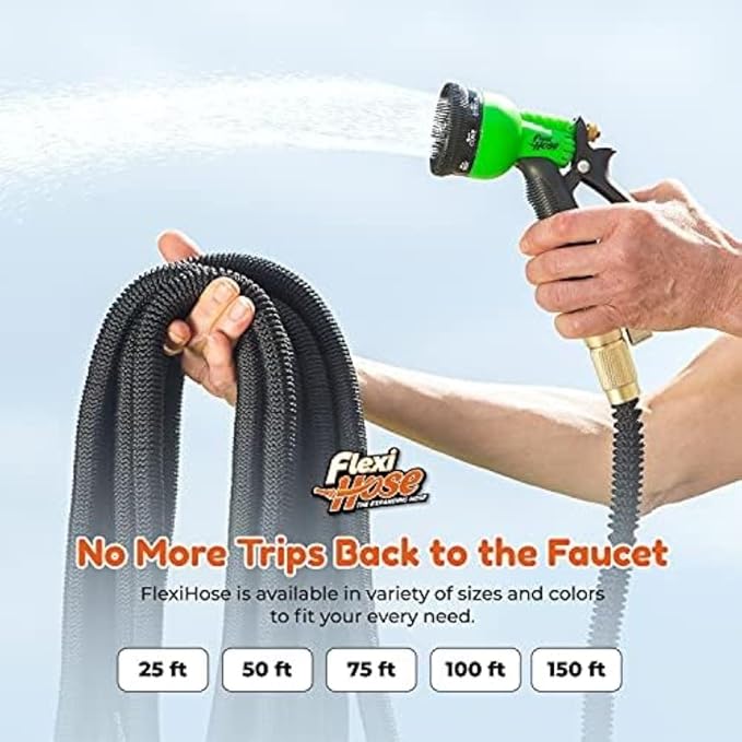 Flexi Hose Lightweight Expandable Garden Hose, No-Kink Flexibility, 3/4 Inch Solid Brass Fittings and Double Latex Core (150 FT, Black)