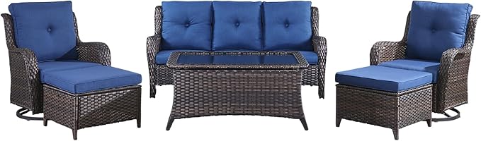 Wicker Outdoor Conversation Set-6 Pieces Outdoor Wicker High Back Couch with Swivel Rocker Chairs Patio Furniture for Deck Poolside Backyard-Brown/Blue