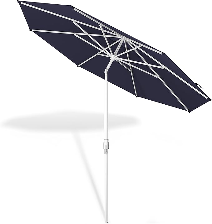 Midtown Umbrellas The Swilt 8 Feet Patio Umbrella in Terylast Navy (Navy Blue) Polyester Fabric - Fiberglass Ribs, Auto-Tilt Aluminum Frame For Backyard, Deck, Garden, Pool - White Pole