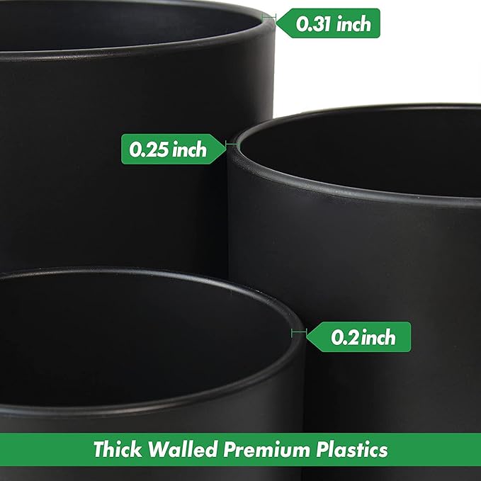 D'vine Dev 6.5 Inch 8 Inch 10 Inch, Set of 3 Plastic Planter Pots for Plants with Drainage Hole and Seamless Saucers, Black Color, Large, 74-V-B-4