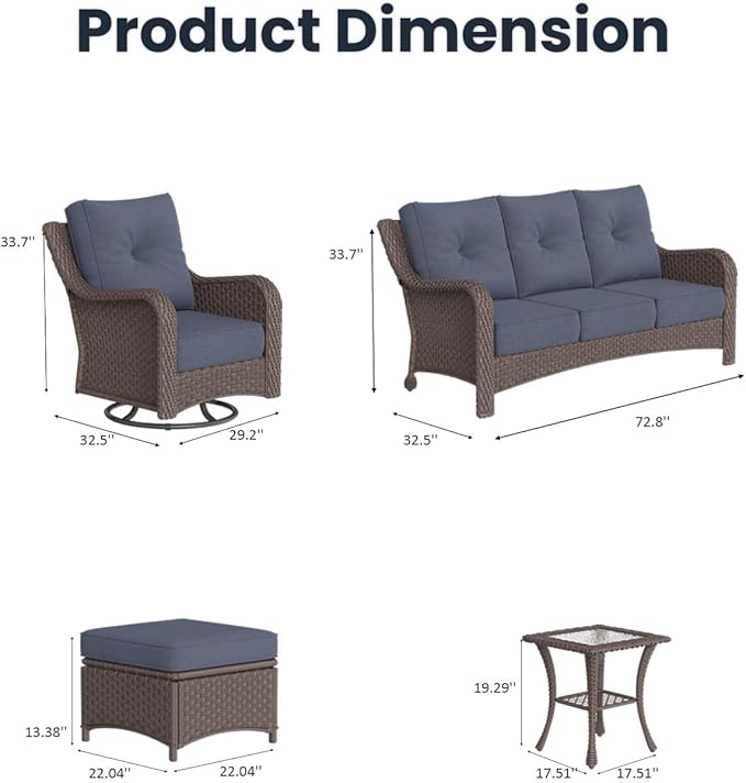 9 Pieces Outdoor Patio Furniture Sets with Rocking Swivel Chairs with 6-inch Thick Cushion and Side Table for Deck Lawn