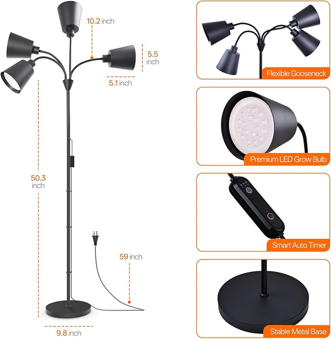 Grow Lights for Indoor Plants, 4 Head Floor Grow Light Stand with Flexible Gooseneck, 3800K Full Spectrum Non-Dimmable Light for Plants Growing, 59" Tall Standing Grow Light with Smart Timer