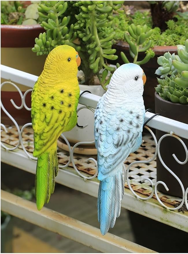 Realistic Parrot Sculpture Resin Hanging Parrots Garden Statues Lifelike Bird Figurines Landscape Ornament Patio Yard Lawn Figurine Tree Decor, Outdoor Garden Wall Statues (GreenYellow)