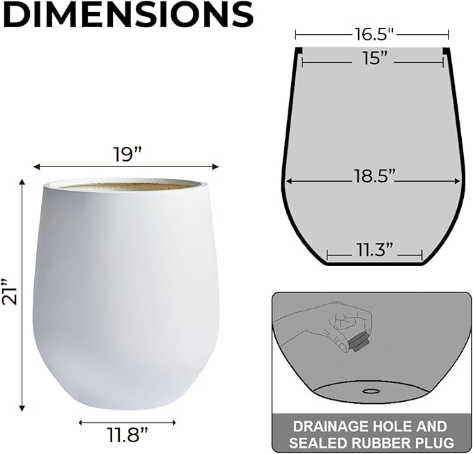 21" H x 19" D Corso Fiberstone Round Tapered Planter with Drainage Hole, Smooth Finishes, for Indoor and Outdoor Use, Included 2 Extra Coco Mats (White, 15" Pot Opening)