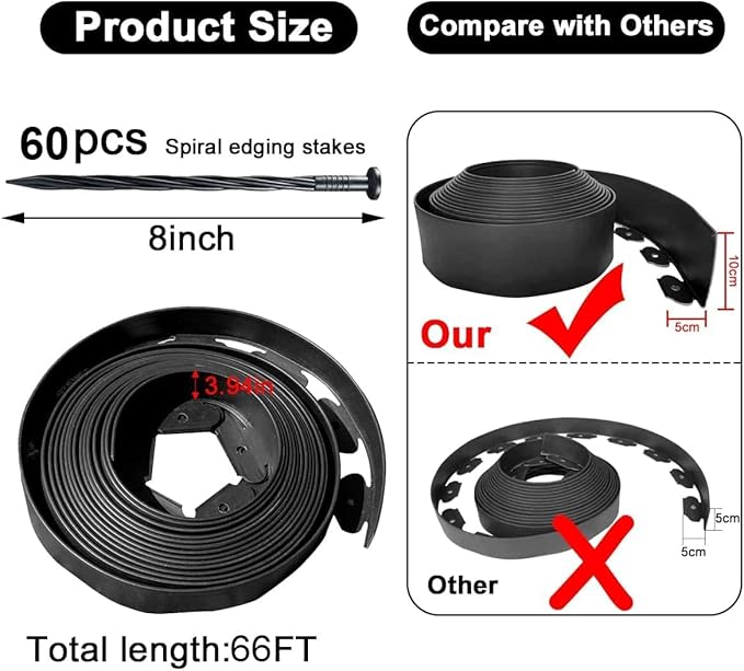 Garden Edging Borders 66FT,Landscape Edging Black[Extra Tall 4IN High] with 60pcs Stakes,Lawn Edging Flexible Garden Border Mini Plastic Fence for Flower Bed Landscaping
