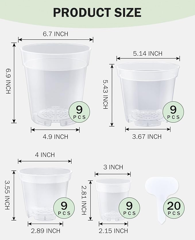 homenote Clear Nursery Pots for Plants,3/4/5/6.7 Inch Plant Pot for Planting Plastic Seedling Pots with Drainage Holes Seed Starter Pot Flower Pots High Transparency with 20 Plant Labels (36 Pack)