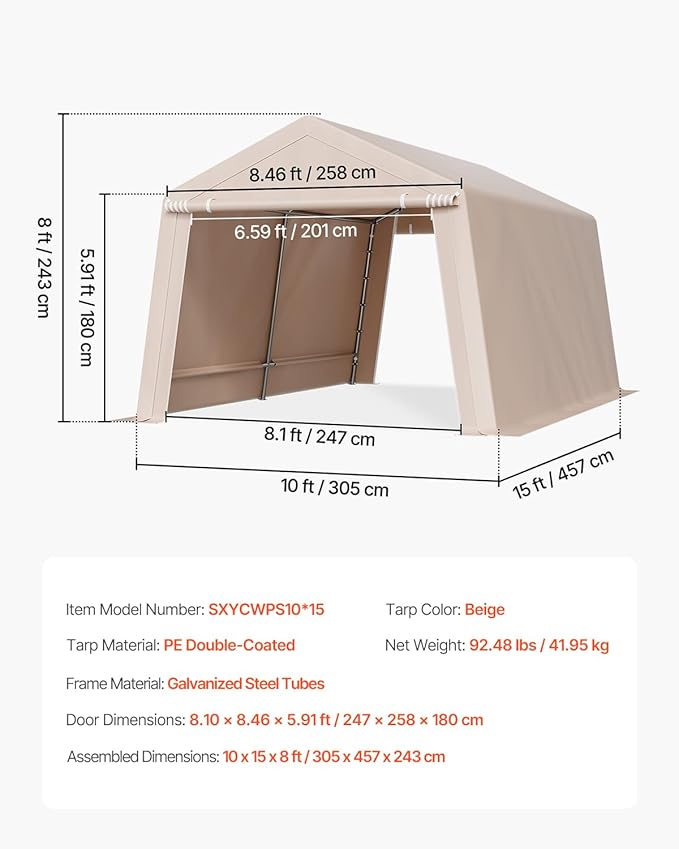 VEVOR Outdoor Storage Shed, 10 x 15 ft Portable Storage Tent with 2 Roll-up Doors & Vents, Waterproof Canopy Shed Shelter, Heavy Duty Frame, Patio Garage Carport for Motorcycle Lawn Mower, Beige