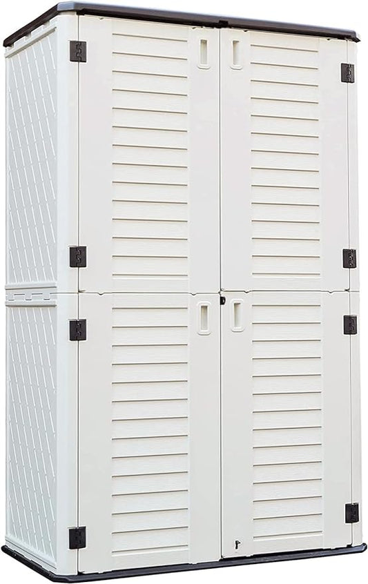 KINYING Outdoor Storage Cabinet Waterproof, Resin Vertical Outdoor Storage Shed for Patio Furniture, Garden Tools, Pool Accessories, Mower Storage (66 Cu.ft, Off White)