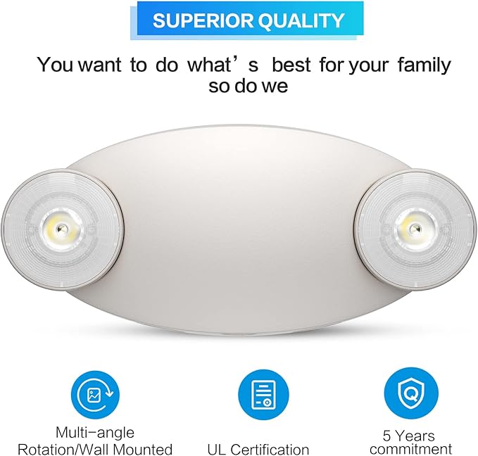 2 Pack LED Emergency Light with Battery Backup -Adjustable Hardwired 2 LED Bug Eye Head Wall Mount -UL Certified 120-220VAC White Emergency Exit Lighting Fixtures for Business/Home
