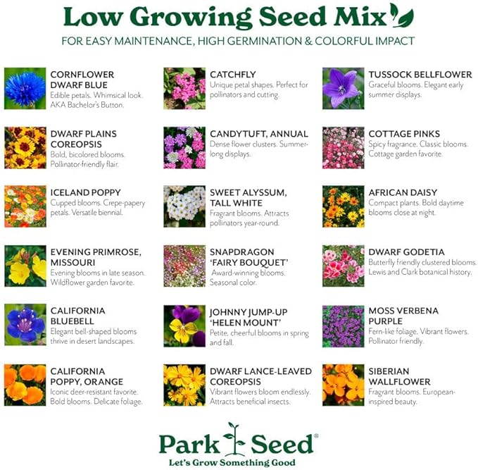 Park Seed Grow Your Own Vibrant Annual and Perennial Wildflower Garden Seeds Mixture, Easy to Grow Varieties for Pollinators and Spring Gardens - Low Growing Mix, 1 lb