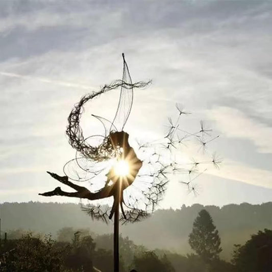 Flower Fairy Dancing with Dandelion, Art Sculpture Fairies for Fairy Garden, Angel Metal Ornaments Gardens Art Sculpture, Outdoor Decorations for The Courtyard, Christmas and Halloween Lawn (B)