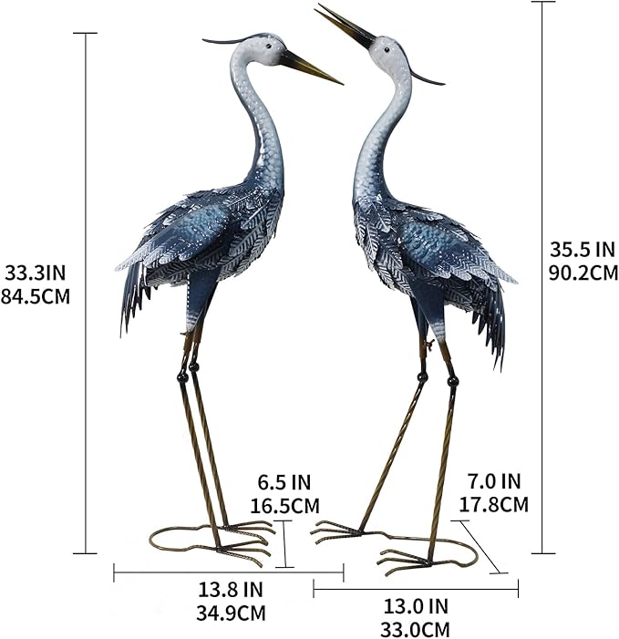 33-35 Inch Blue Heron Garden Statues for Outside, Metal Cranes for Yard Outdoor Decor, Standing Bird Sculptures for Patio, Lawn, and Backyard, Garden Sculptures & Statues, Set of 2