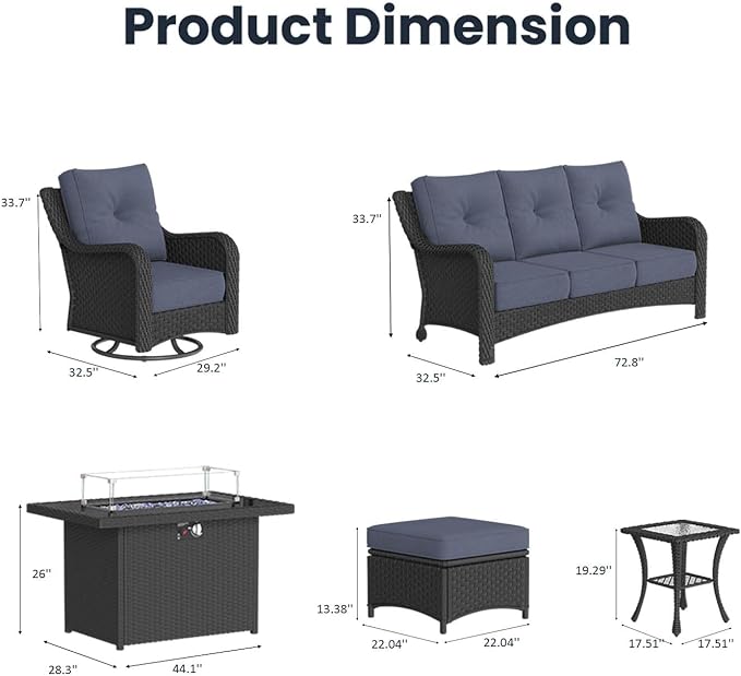 10 Pieces Outdoor Patio Furniture Sets with Rocking Swivel Chairs with 6-inch Thick Cushion and Fire Pit Table for Deck Lawn
