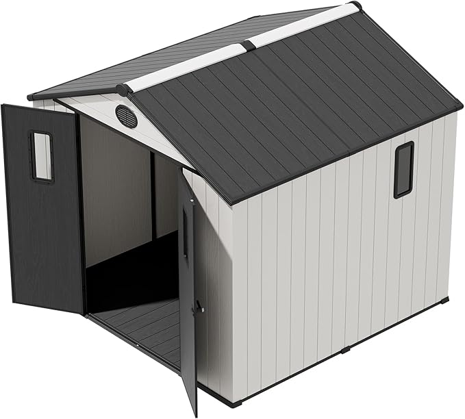 COOS BAY Resin Outdoor Storage Shed with Lockable Double Doors, Heavy-Duty Floor, All-Weather Garden Shed for Tools & Equipment, 8x8 ft, White/Gray