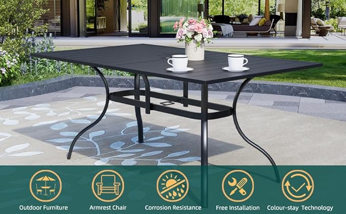 7-Piece Outdoor Dining Set, Swivel Chairs with Cushions, Black Metal Frame with Wicker, Rectangular Table, Patio Furniture