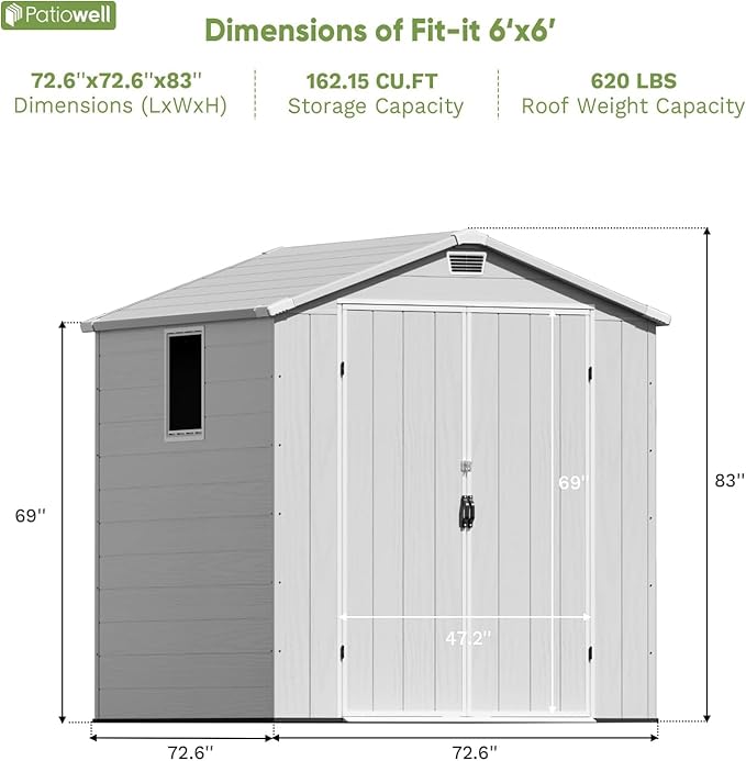 Patiowell 6 x 6 FT Outdoor Storage Shed with Lockable Door & Floor - Resin Garden Tool Shed with 2 Windows, Waterproof Easy Assembly for Backyard, Lawn Equipment, Patio Furniture Storage (Light Grey)