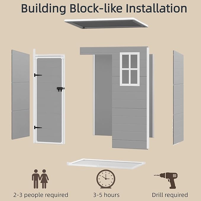 Gizoon 5x3 FT Resin Storage Shed Outdoor, Heavy-Duty Resin Shed with Floor for Patio, Lawn, Plastic Garden Sheds Weather-Resistant with Lockable Door for Patio Furniture, Garden Tools, Grey