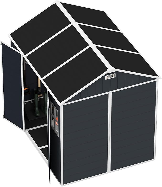 Outdoor Storage Shed 8x7 FT, Resin Shed with Floor & Window, Lockable Door, Vents, Outside Sheds & Garden Shed for Patio Furniture, Gardening Tools, Pool Equipment (Dark Gray, 8 * 7ft)