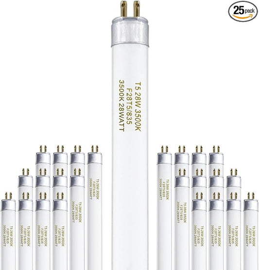 T5 28 Watts Fluorescent Light Bulb, 46 Inch T5 Fluoerscent Tube Compatible with Philips F28T5/835/ALTO, Sylvania FP28/835/ECO, 3500K Soft White Mini Bi-Pin Base G5, 2800 Lumens CRI 85 25 Pack
