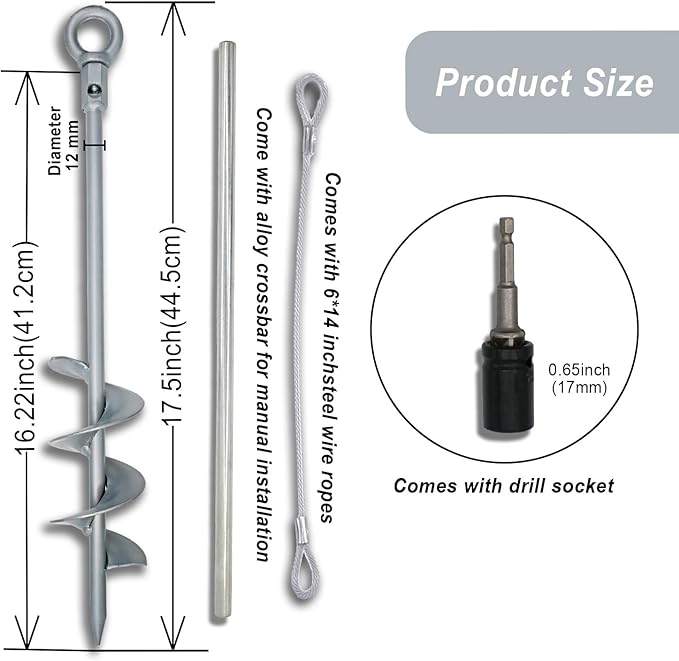 18 inch Ground Anchor Heavy Duty Earth Anchors Screw in Set for Mobile Home, Swing, Trampoline Tent Anchors Wind Resistant Tree Stakes and Supports with Drill Socket, 6 Pack