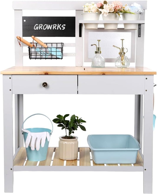 Kids Potting Bench Table Wooden Outdoor Garden Table Work Station Outdoor Garden Work Bench Platform with Removable Sink Hooks 3 Side Flower Pots Natural Wood White Gift for Boys Girls